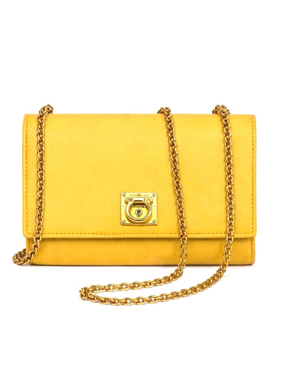 Salvatore Ferragamo Gancini Yellow Leather Flap Chain Shoulder / Crossbody Bag - Picture 1 of 15